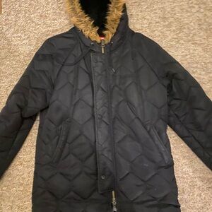 Supreme Black Quilted Puffer Jacket with Faux Fur Hood